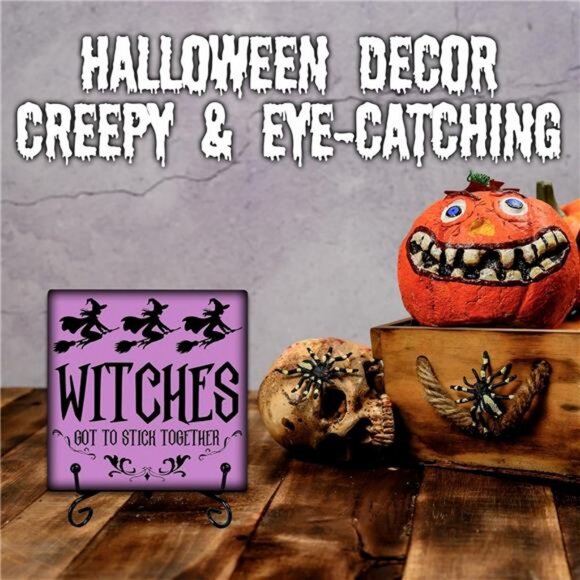 Halloween Wooden Sign with Metal Stand - Witches Got To Stick Together - 5 Inch - Picture 3 of 6